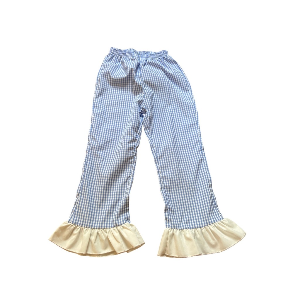 SHEIN Gingham Ruffle Hem Pants Kids Blue White Checkered Flare SIZE‎ 7Y
